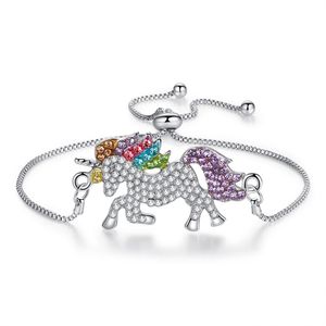 Rhinestone Unicorn Charm Bracelets for Women Silver Gold Fashion Adjustable Diamond Horse Pendant Box Chain Girl Lady Gift Bangle Jewelry