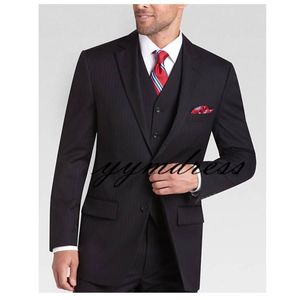 Black Pinstripe Noivo Ternos 2019 Dois Botões Lapela Entalhado Slim Fit Mens Smoking Do Smoking Ternos Três Peças (Jacket + Colete + Calça + Gravata)