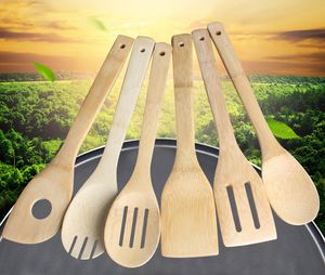 Bambu Spoon Spatel 6 stilar Portable Trä Utensil Kök Matlagning Turnter Slits Blandning Hållare Skovlar JXW181