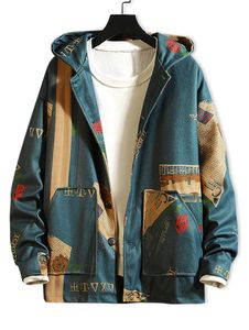 ZAFUL куртка с капюшоном и цветочным принтом в виде газеты, хлопковая мужская винтажная куртка с карманами и пуговицами, повседневные уличные куртки