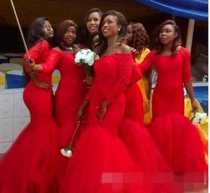 Kepçe Elbiseleri Kırmızı Nedime Boyun Güney Afrika Artı Boyut 3/4 Uzun Kollu Dantel Aplike Denizkızı Hizmet Hizmetçisi Onur Elbisesi Özel Yapımı
