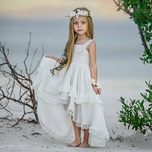 Billiga Hög Låg Böhmen Lace Flower Girl Dresses For Beach Wedding Pageant Gowns A Line Boho Kids First Holy Communion Dress