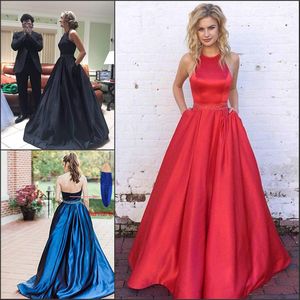 Enkel Desginer 2019 halter prom klänningar med fickor satin pärlor sash långa billiga festklänningar vestido de fiesta formell kvällslitage