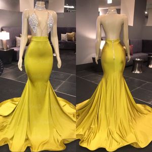 V Neck Sleeveless Sexy Mermaid Prom Dresses 2020 Sweep Train Crytal Stain Formal African Evening Dress Special Occasion Gowns