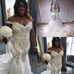 plus size wedding dresses off shoulder gold mermaid wedding dress lace appliqued beads backless custom country bridal gowns custom