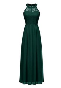 Dark Green Bridesmaid Dress Floor-length Chiffon Party Gown Halter Custom Made Bridesmaid Dresses Lace and Chiffon Wedding Evening Gown