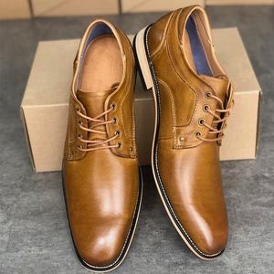 Mens Plain Toe Lace Up Oxfords Dress Shoes Classic Style äkta Leather Wedding Party Shoes Business Sho med Box Storlek 39-47