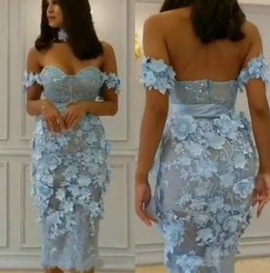 Light Sky Blue Tea längd balklänningar med 3D-florala blommor Applique från axeln spetsfest aftonklänningar kvinnliga festklänningar