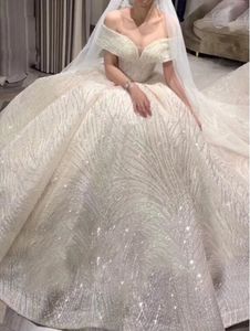 2019 Nowy Styl Light Champagne Princess Suknie Ślubne Off Ramię Cekiny Sweetheart Ball Suknia Bridal Dress Robe de Mariee