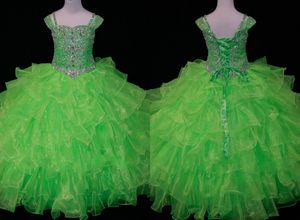 Cute Lime Green Toddler Girls Pageant Dresses Ball Gown Organza Ruffled Cap Short Sleeves Little Girl Crystal Bead Flower Girls dress