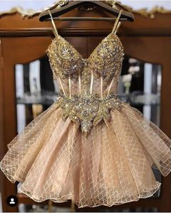 2019 Champagne Beaded Crystals Homecoming Dresses Spaghetti A-line Lace Graduation Dresses Short Sexy Cocktail Party Gowns