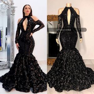 2022 Black Tiered Skirts Prom Dresses African High Neck D Lace Flowers Sequined Evening Gowns Plus Size Reflective Dress