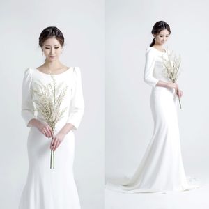 Vår 2020 Ny koreansk bröllopsklänning Enkel Båthals Puffy Sleeves Mermaid Sweep Train Enkla eleganta brudklänningar