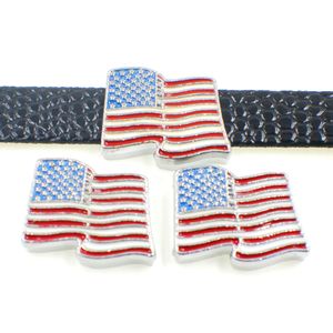Partihandel 50st / mycket 8mm Amerikanska flaggan Slide Charms, Fit för DIY 8mm Läder Armband Armband Mode Smycken