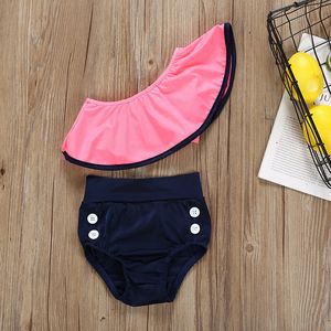 Barnflickor Badkläder 2019 Sommar två bitar Badkläder Baby Ruffle Oblique Shoulde Baddräkt Kids Bikinis C6381