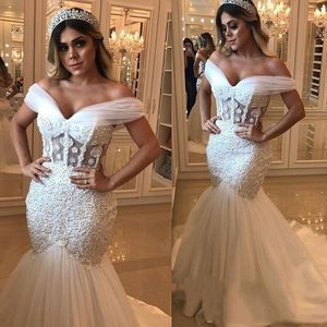 2022 Plus Size Sirena Abiti da sposa Abiti da sposa Abiti da sposa Robe de Mariée Abito Tulle Ruffles fuori spalla Sweep Train Vestido Nova