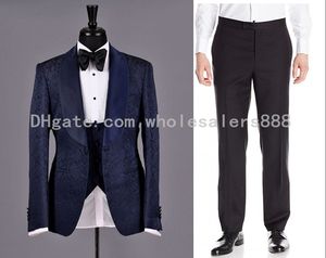 Custom Made Men sere o teste padrão azul da marinha Noivo Smoking Xaile Satin lapela Groomsmen Wedding Best Man (Jacket + Calças + Vest + laço) L388