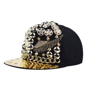 2023 neuer Stiltrend, neuer Heavy-Metal-Gold-Phoenix-Niet-Hip-Hop-Hut, Totenkopf-Farbe, Diamant-Hut mit flacher Krempe