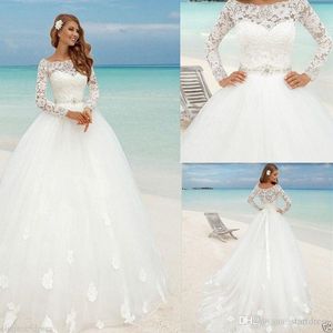 Beautiful Beach Long Sleeve Ball Gown Wedding Dresses Boat Neck Lace Floral Fitted Beaded Sash Summer Bridal arabic Bohemian Country CG01