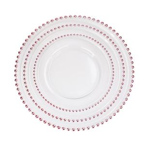 Glass Charger Plate with Decorative Gold Silver Beaded Rim 8 10.5 12.5 inch Round Dinner Service Tray for Wedding Party