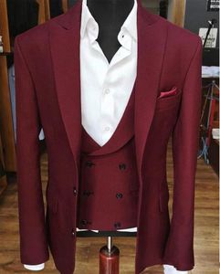 Burgundy/Blue Men Wedding Tuxedos Peak Lapel Bridegroom Groomsmen 3 Piece Suit Men Business Party Prom Blazer(Jacket+Pants+ Tie+Vest) 2300