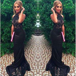 New Sexy High Neck Sleeveless Mermaid Prom Dresses Black Lace Formal Women Evening Gowns Satin Robe De Soiree