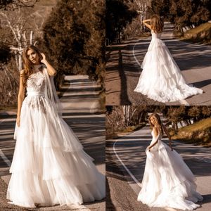 Vestidos de design Crystal High Pistol de pescoço Aplique Applique Triered Ruffles Tulle Boho Vestidos de noiva Vestir country Plus Plus Wedding Dress