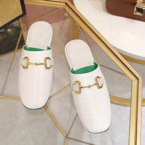 Designer-Slides Damen-Slipper Sandalen Flip-Flops Leder mit doppeltem Metall Schwarz Weiß Braun Hausschuhe Sommer Strand BOX US10