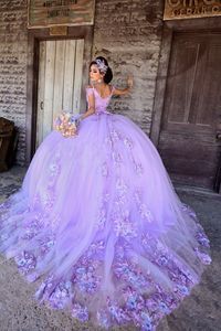 ラベンダープリンセスQuinceaneraドレスレースApplqiuesスウィート16ドレスコートトレイン駅DE 15Años2021 Prom Dress