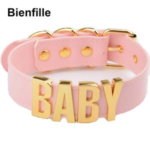 Spersonalizowany urok Kawaii Złoty Metal Baby Letter Choker Naszyjnik Kobiety Dziewczyna Pu Różowa Skóra Punk Harajuku Collar Word Naszyjnik