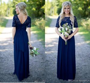 Elegant sommar trädgård brudtärna klänningar för bröllop navy blå chiffon korta ärmar illusion spets långa boho piga av ära klänningar anpassad