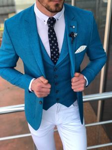 Blue Formalne Męskie Garnitury Ślub Tuxedos Grooms Bride Men Dinner Wear Blazers Stroje Zestawy Business Suit (Kurtki + Kamizelki)