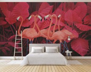 Beibehang Carta da parati murale rossa pianta tropicale foglie fenicottero TV sfondo muro decorazioni per la casa soggiorno camera da letto 3d carta da parati