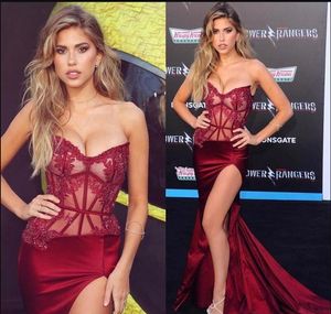 2020 Sexy Burgundy Celebrity Prom Dresses sweetheart See Through Waist Applique Sequins High Side Split Cheap Long Red Carpet Evening Gowns