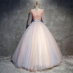2018 Sexy Backless Appliques Beading Ball Gown Quinceanera Dresses 3/4 Long Sleeve Tulle Sweet 16 Dresses Debutante 15 Year Party Dress BQ89