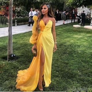 2020魅力的な黄色いドバイ正社のドレス女性長袖のイブニングガウンエレガントなハイサイドスリットシフォンイスラム教徒のイブニングドレス2019
