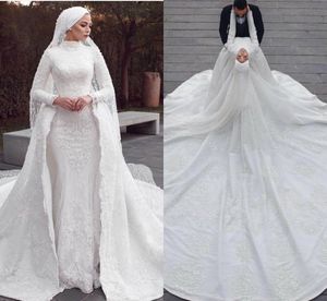 2020 Sereia com Destacável Vestido de Noiva de Noiva Applique Tribunal Trem Nupcial Vestido De Alto Collar Manga Longa Personalizado Feito Vestidos de Novia
