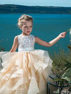 Champagne Lace Flower Girl Dresses Ball Gown Tiers Little Girl Wedding Dresses Vintage Pageant Dresses Gowns