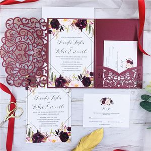 The Modern Touch-Burgundy Laser Cut Pocket Fold With Floral And Geometric Invitation, , Free Printing