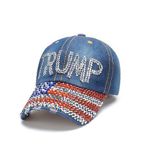 Diamond Denim Trump Hats Justerbara USA Flag Donald Trump Letter Baseball Cap 2024 American President Fashion Outdoor Cowboy Snapback Hats for Women Men