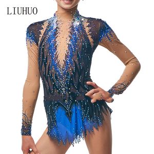 Blue Spandex Unitards for Artistic Gymnastics - High Elasticity Breathable Diamond Look Rhythmic Gymnastic Costumes