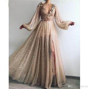 Shiny Sexy Gold Sequins Prom Dresses Deep V Neck Long Sleeve High Side Split Formal Evening Gowns Appliques Party Dress ogstuff Vestidos