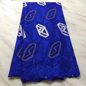 5Yards Hot Sale Royal Blue African Bomullstyg med Rhinestone Dekoration Swiss Voile Lace Broderi för klänning BC41-1