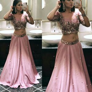 Two Piece Prom Dresses 2019 Half Sleeve Beading Evening Dress Vestodos De Fiesta Pink Long Formal Party Gowns