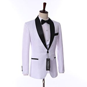 White Paisley Groom Tuxedos Mens Prom Party Business Suits Man Coat Waistcoat Trousers Set Customize (Jacket+Pants+Vest+Tie) K203