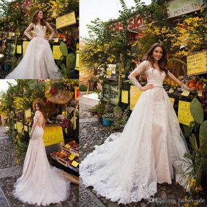 Lussano eleganta sjöjungfru bröllopsklänningar med avtagbar tåg långärmad spets appliqued bröllopsklänning brudklänning Vestido de novia
