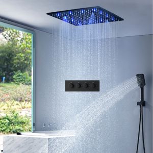 Svart dusch set 20inches spa dimma regndusch badrum termostatiska mixer LED tak duschkranar
