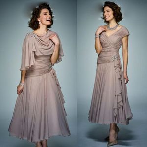 Elegante 2019 Kleider für die Brautmutter, V-Ausschnitt, Flügelärmel, formelle Abendkleider, Teelänge, plissiertes Kleid für Hochzeitsgäste