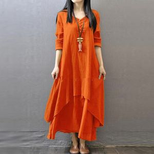 Fashion Women Peasant Ethnic Boho Autumn Cotton Linen Long Sleeve Maxi Dress Gypsy Shirt Dress Kaftan Tunic Size M-5xl W406 MX190725