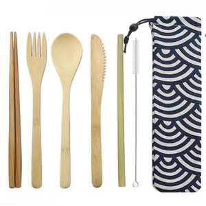 7 pçs / set Tail Utherware Set Eco-Friendly Dinnerware De Madeira Set Portátil Faca Faca Colher Cutelaria Definir Utensílios ao ar livre de madeira com bolsa